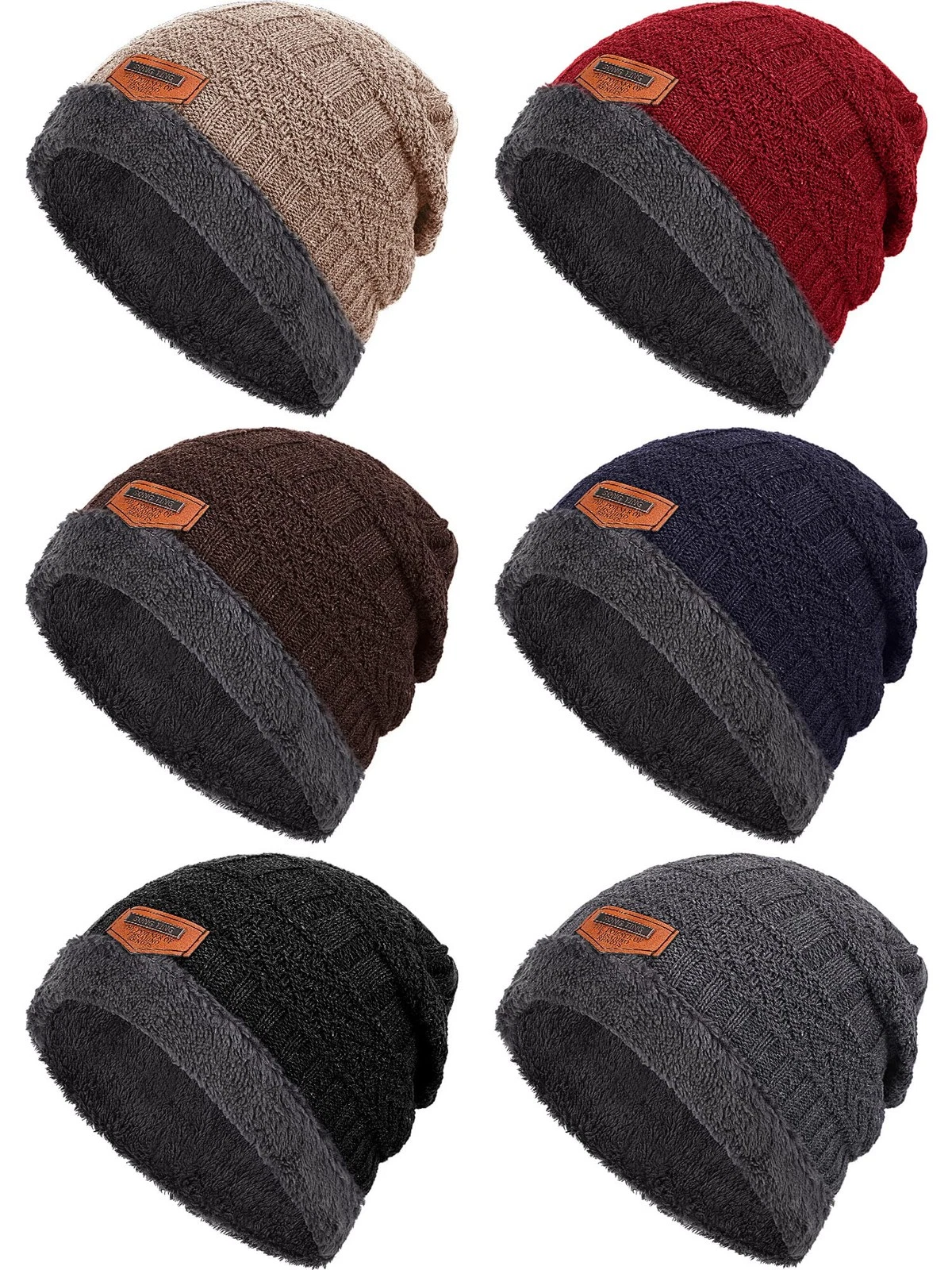 6 Pcs Winter Slouchy Beanie Bulk for Men Women, Fleece Inner Warm Hat Thick S...