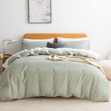 JELLYMONI 100 Natural Cotton 3pcs Striped Duvet Cover Sets,White with Green ...