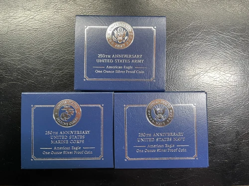 2025 Proof American Silver Eagle 3 Coin Set - ARMY, NAVY, & MARINE CORPS Privy