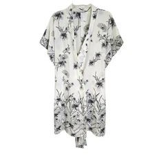 Cacique Ivory Black Floral Geometric Kimono Robe Short Sleeve Tie Belt Sz 18 20