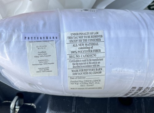 Lot Of 2 Pottery Barn Pillow Down Alt Inserts Square 22x22" New Compressed