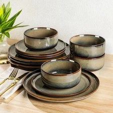 Ceramic Dinnerware Sets for 4, 12 Pieces Handmade Reactive Glaze Plates and B...