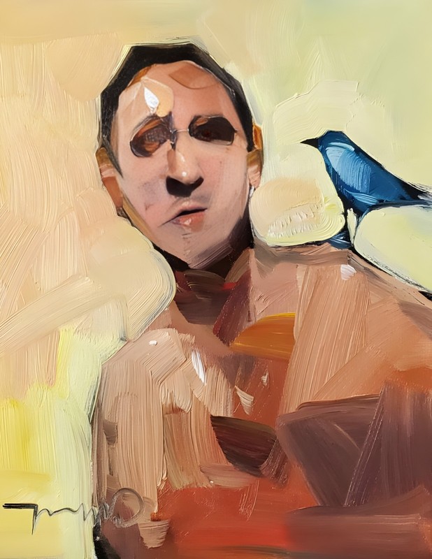 Blue Bird Shoulder Contemporary PRINT of Oil Painting by Artist Jose TRUJILLO