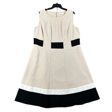 Calvin Klein Fit Flare Dress Womens 14 Tan Colorblock Sleeveless Office Wear