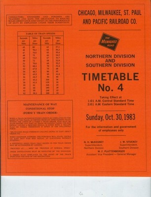 MILWAUKEE ROAD CMStP&P RAILROAD ETT TIMETABLE NORTHERN & SOUTHERN DIVS. #4 1983.