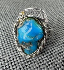 Vintage Navajo Native American Large Turquoise Rope Leaf Sterling Ring Size 6.5