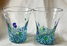Amici Monet Millefiori Blue Double Old Fashion HandBlown Glass Tumblers PAIR