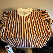 GUESS Originals Men's Striped Multicolor Crew Neck T-Shirt Embroidered Logo M