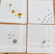 Vgt Lot Of 4 White Cotton Embroidered Florals Hankies Handkerchiefs