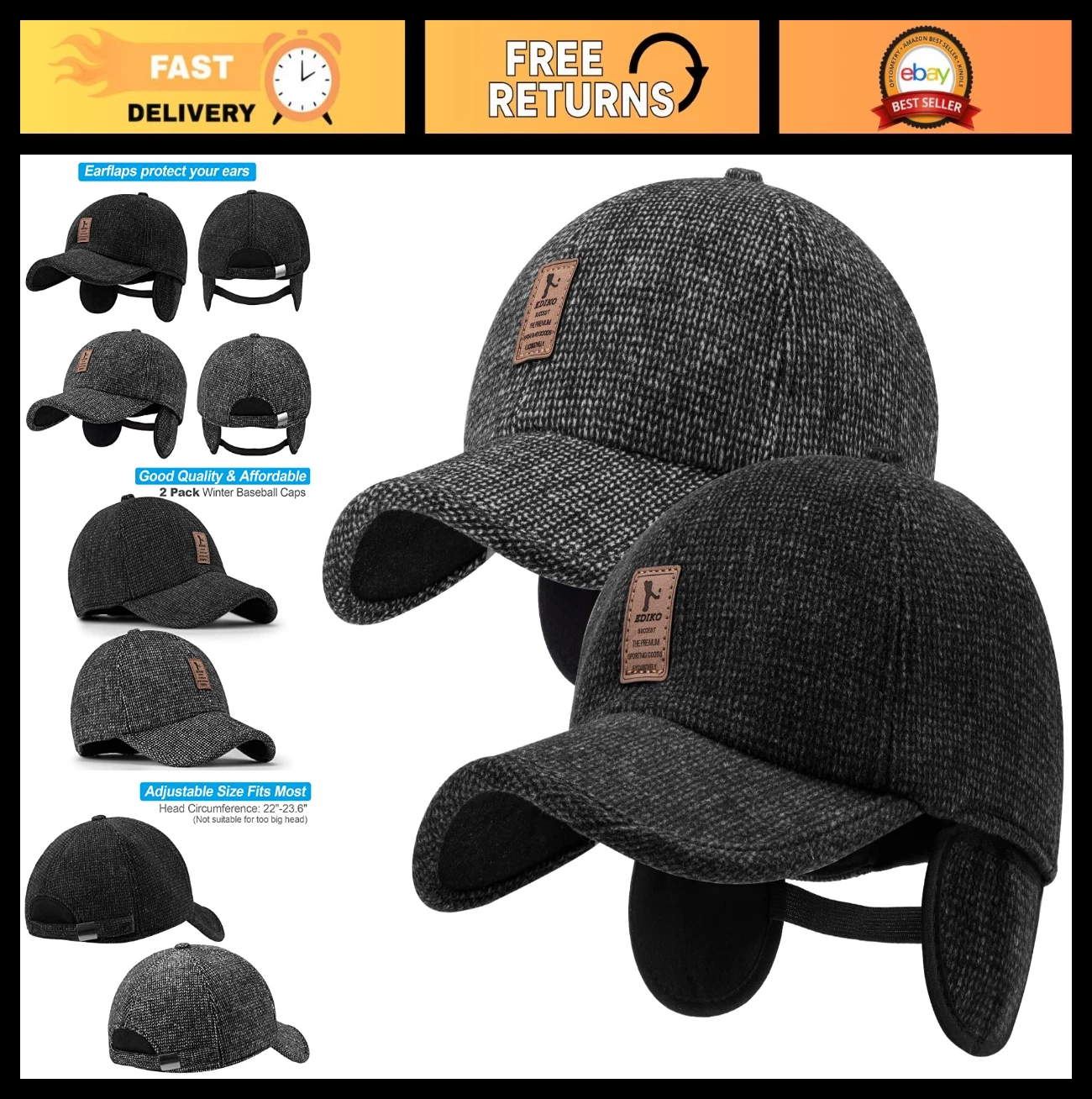 2 Pack Men's Winter Baseball Caps with Ear Flaps - Warm Outdoor Hats for Running