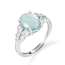 Inlaid natural A-grade jadeite blue water egg shaped jade ring