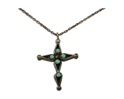 Zuni Reversable Cross Necklace 925 Silver Turquoise and Coral Native Artist C80s
