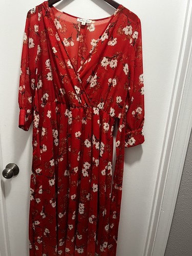 Indigo Rose Maxi Dress Polyester Floral Print V-Neck Long Sleeves Red Size PL - Picture 5 of 8