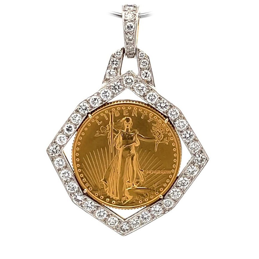Estate Diamond 22k Liberty $10 Gold Coin 18k Gold Octagon