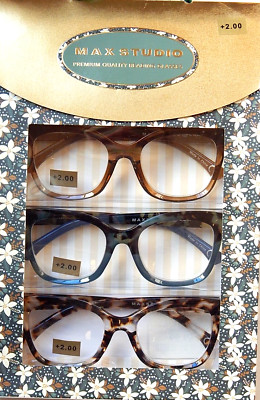 MAX STUDIO +2.00 WOMEN'S PREMIUM READING GLASSES 3-PACK READERS NEW AUTHENTIC