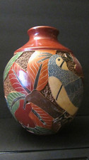 Vintage Nicaragua Tropical Bird And Leaves Incised 10" Tall Vase
