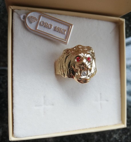 Anello uomo testa leone in oro giallo 750 18 kt con zirconi bianchi e rossi new - Foto 3 di 12