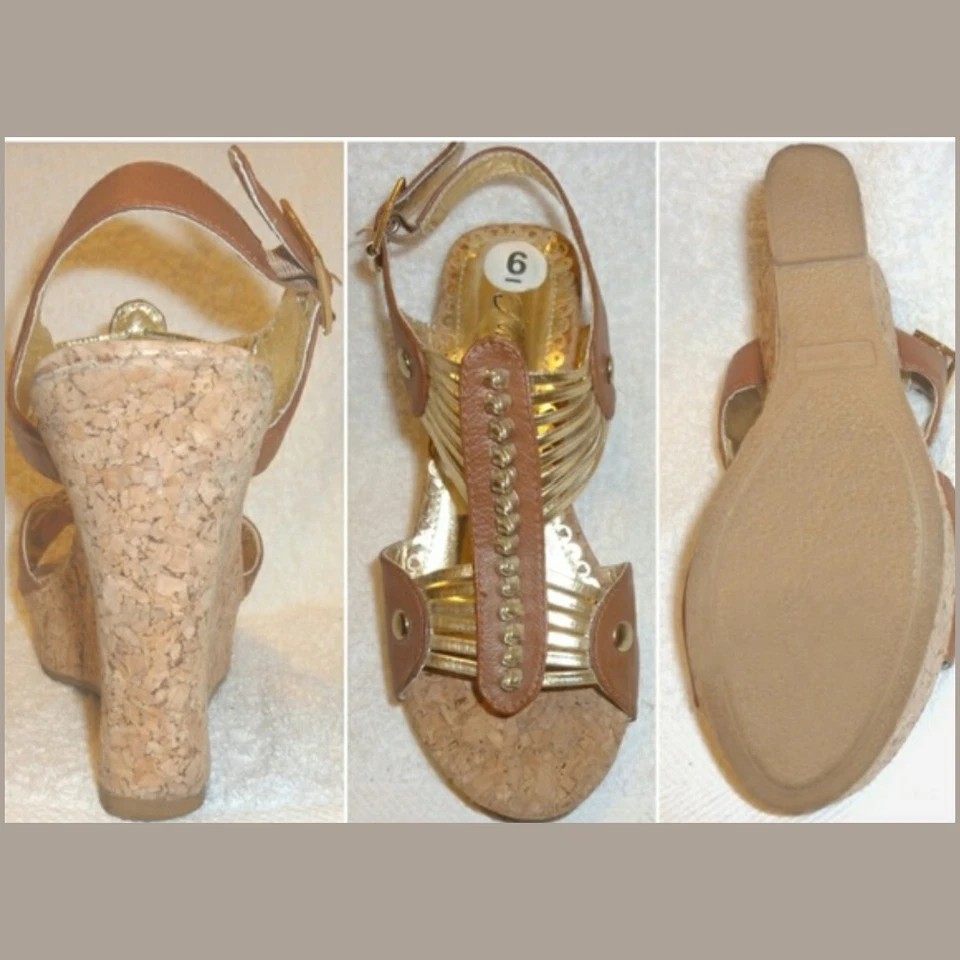 FOREVER NWB 6B, LEATHER, CORK AND GOLD METALLIC PLATFORM WEDGE SANDALS - Image 3 of 3