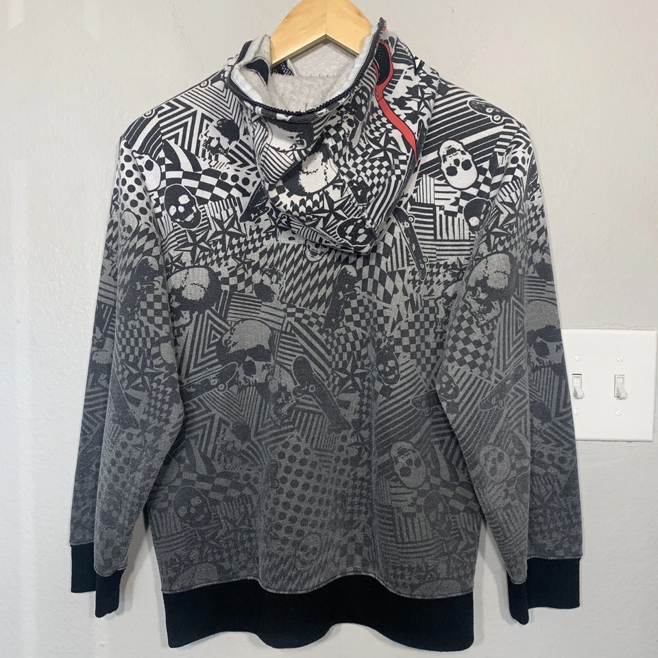 Moletom com capuz Y2K Skull Skateboards cinza/preto/branco zíper completo skatista juvenil grande - Imagem 2 de 4