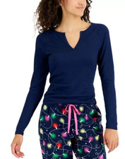 Jenni Women's Long Sleeve Ribbed Knit Split-Neck Pajama Top, Navy Blue, Medium