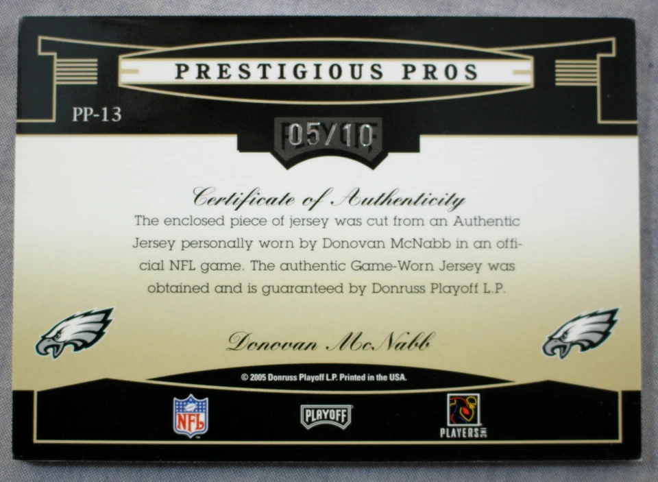 Donovan McNabb Eagles 2005 Playoff Prestige Pros Platinum GU Jersey 1/1  #5/10 - Image 2 of 3