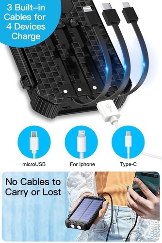 Solar Power Bank 30000mAh Built in 3 Cables, Fast Charging Portable Phone Charge - Picture 3 of 8