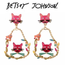 US Seller Betsey Johnson Enamel Cat Dangle Earrings Green Yellow Red Metal