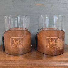 JOHN DEERE Set of 2 Executive Whiskey Glasses w/EL CID Hollywood Leather Holders