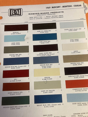 1969 MERCURY AUTOMOTIVE R & M, Exterior Paint Color Chip Chart Sheet ORIG