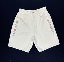 Vintage Bill Blass Embroidered Denim Shorts Size 12 Ivory High Waist Mom 80s 90s