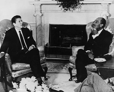 President Ronald Reagan talking to Egyptian President Anwar El Sad- Old Photo