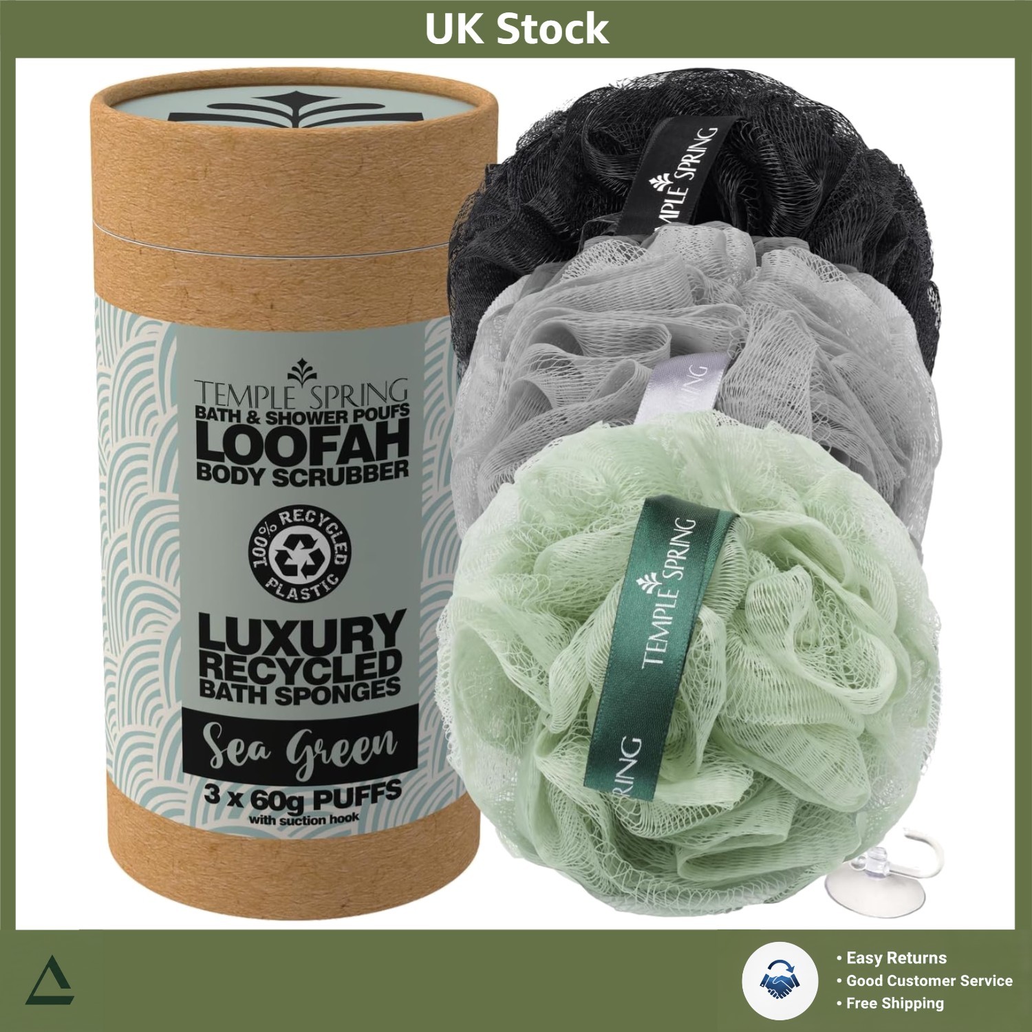 Luxe Recycled Mesh Body Scrubber Exfoliating Shower Loofah Puff Sea Green 3pk