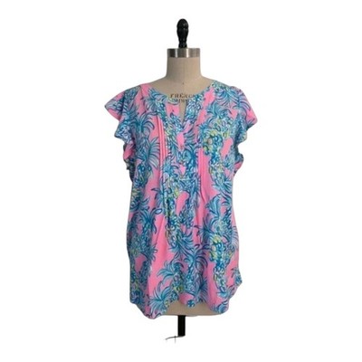 Lilly Pulitzer Women Pink Tropical Pineapple Print Blouse Size XL Ruffle Sleeve 