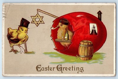 1912 Easter Greetings Hatched Egg House Jewish Star Chick With Pipe Postcard