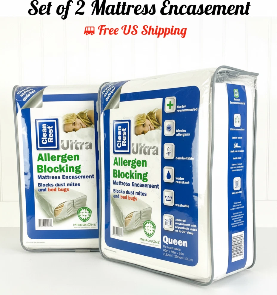 CleanRest Ultra Waterproof Allergen Blocking Mattress Encasement Queen Set of 2