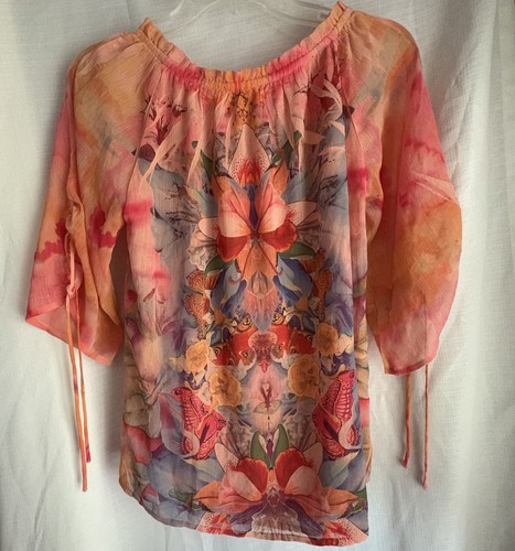 One World Bluse Flatterärmel Gr. S orange rosa Boho Hippie Blumen Oberteil Shirt  - Bild 9 von 9