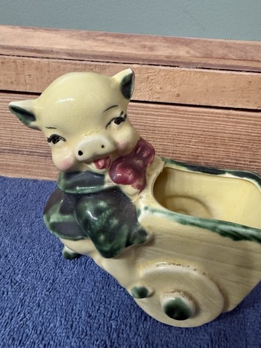 Fioriera in ceramica vintage anni 40-50 cucciolo maiale carro tirante. Piccolo chip sull'orecchio - Foto 12 di 22