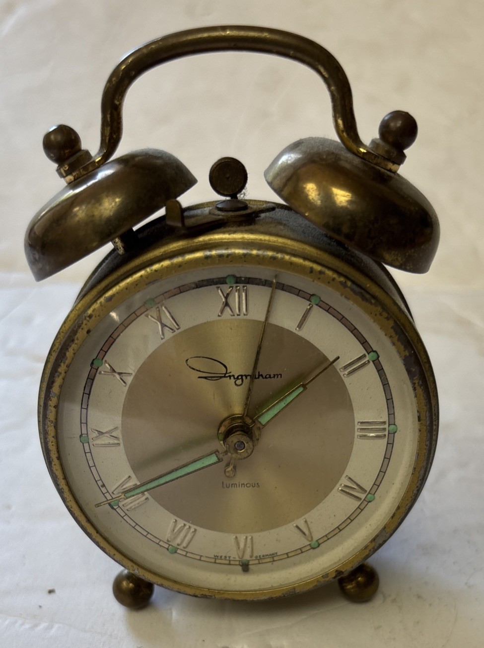 Vtg 1930s 1940s Ingraham Twin Bell Mini Alarm Clock Brass West Germany Tested