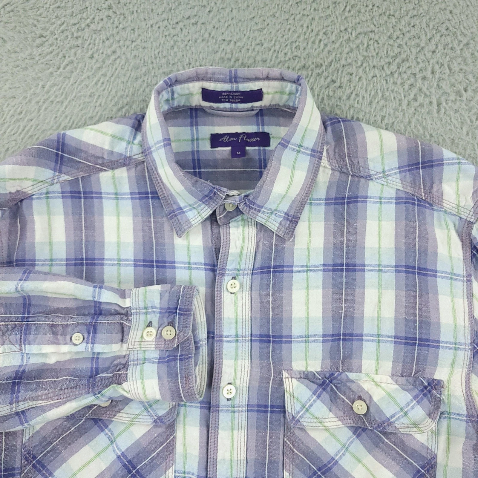 Alan Flusser Shirt Mens Medium Blue Plaid 100% Linen Long Sleeve Button Front