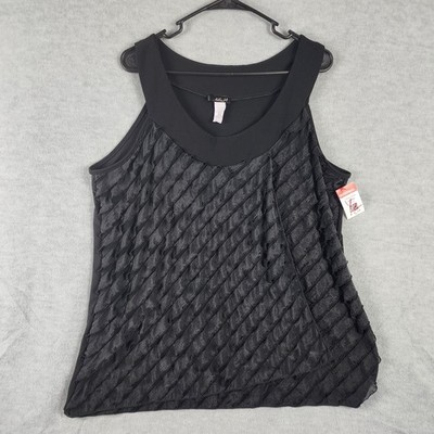 Ashley Jill Tank Top Womens 2X Black Textured Pleated Scoop Neck Layered Overlay