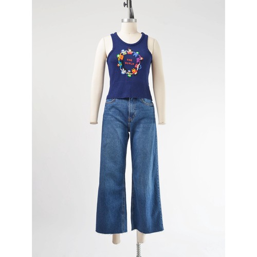 Vintage 70s Navy Knit Sweater Embroidered One World Hippie Boho Tank Top XS - Picture 2 of 7