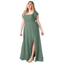 Azazie Bondie A-Line Ruffle Sleeve Chiffon Dress Eucalyptus 14