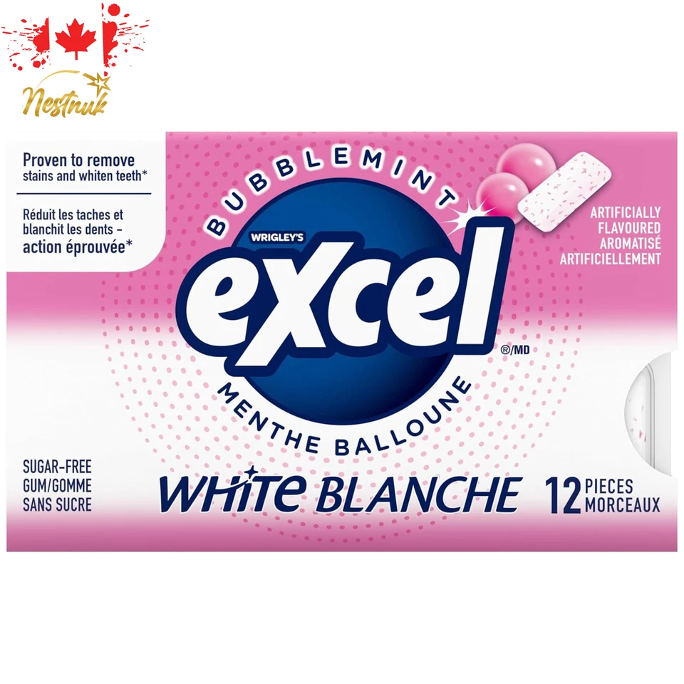 Excel White Bubblemint goma sin azúcar 12 paquetes × 12 piezas cada uno - paquete de 2 canadienses Foto 3 de 4