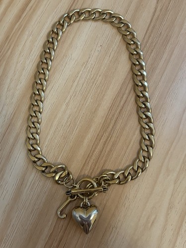 Vintage Juicy Couture Necklace Chunky Puffy Heart & J Charm Gold Tone W/ Toggle - Picture 11 of 22