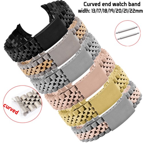 Curved Ends Watch Band Stainless Steel Metal Bracelet 13-19mm 20 21mm 22mm Strap - Afbeelding 1 van 18