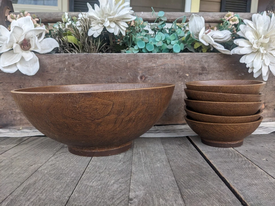 Juego de servir ensaladera vintage West Bend EE. UU. marrón oscuro imitación madera grano Foto 2 de 4