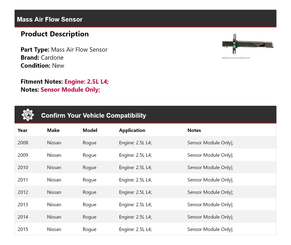Sensor de flujo de aire masivo Cardone 2009 2010 2011 para Nissan Rogue 2008-2015 2,5 L L4 Foto 2 de 4