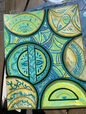 Original Abstract Geometric Mixed Media painting Botanical Blue & Green Mandala
