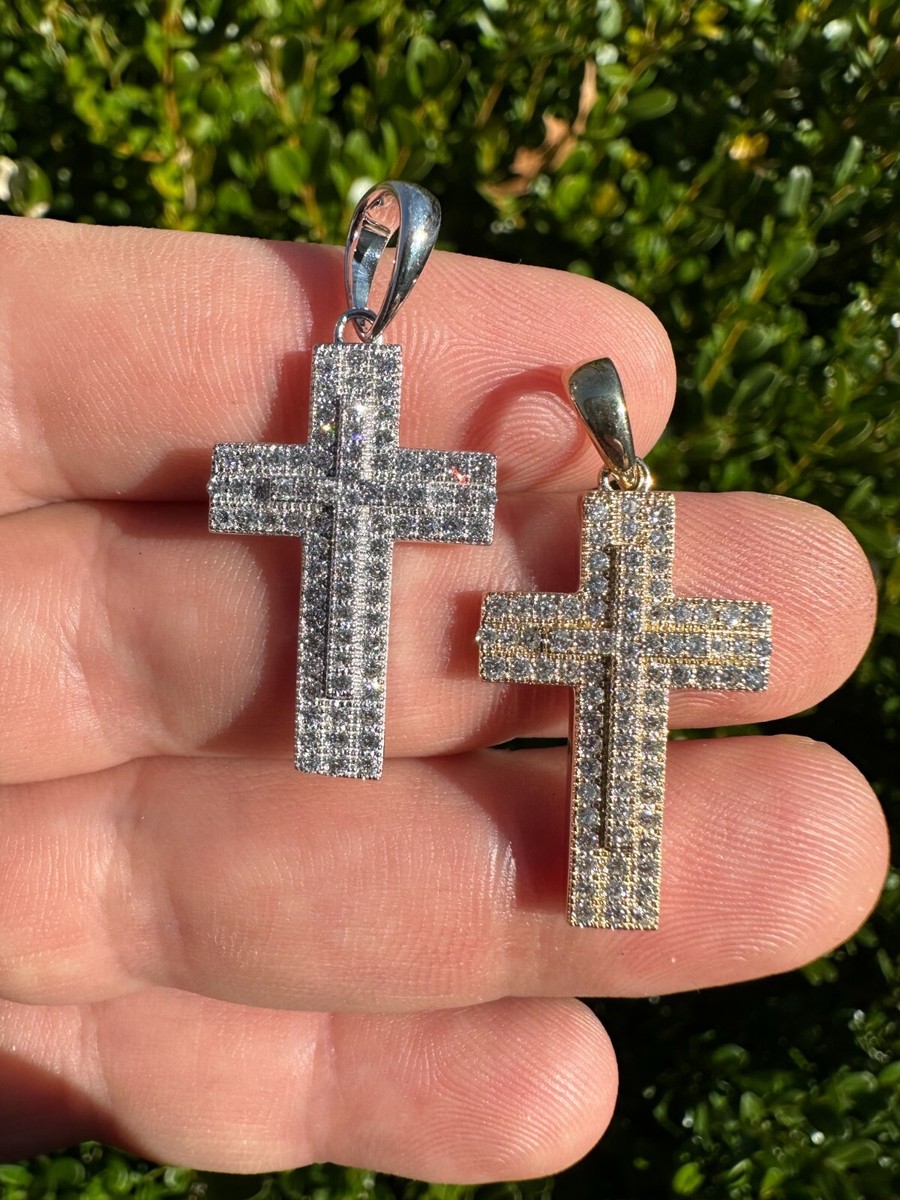 0.89ct VVS Real Diamond Iced Cross Pendant Natural 925 Silver