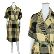 Vintage 1980s Checkered Dress Black Tan Striped Dolman Sleeves W 26-32"